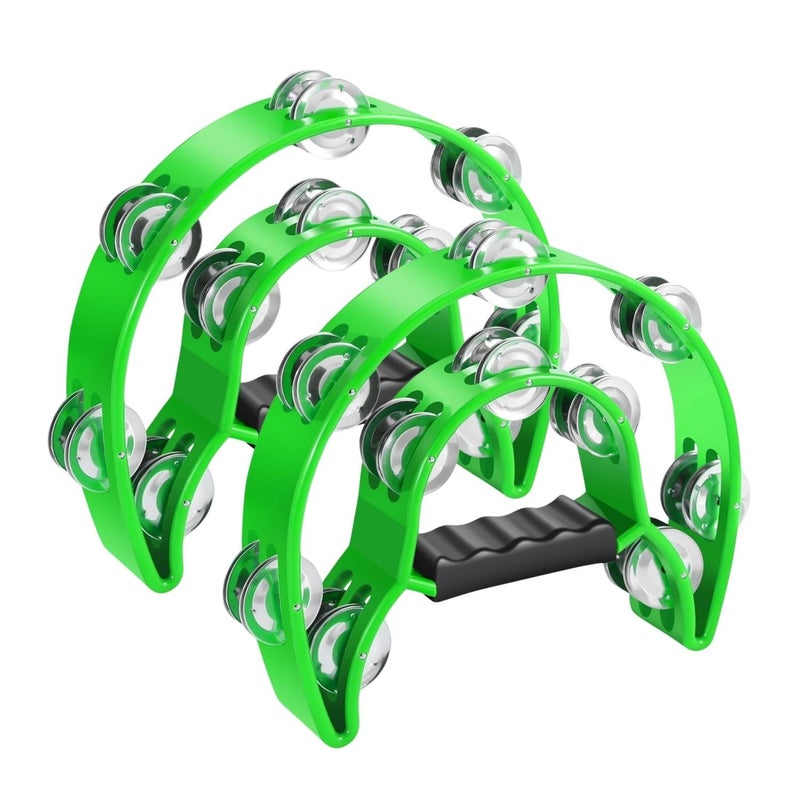 Flexzion Tambourine Metal Half Moon Musical Instruments Double Row Metal Jingles Hand Held Instruments Percussion with Ergonomic Handle Grip, Tambourines for Adults, 2 Packs - Green - Image 1